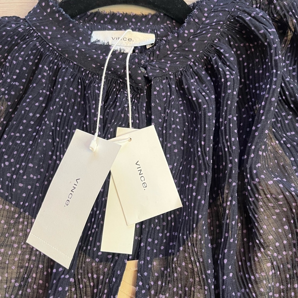 VINCE Starry Dot Semi Sheer Short Sleeve Blouse Blue Womens Size Small - Picture 5 of 10